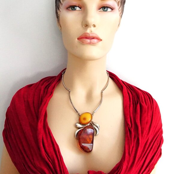 Super Giant Heavy Amber & 925 Silver Link Necklace - Rare Jewelry Gift For Her - Picture 3 of 16
